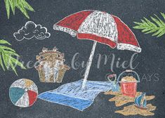 chalk drawing of an umbrella and beach items