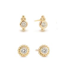 Dainty and minimal matching studs with a little flare to add to your ear stack! Gold Vermeil Cubic Zirconia pave crystals Hypoallergenic post, Lead and Nickel free Round Beaded: Diameter 5mm Cluster Bezel Height 6.2mm x Width 3.1mm #E441+E492-G Beaded Studs, Ear Stack, Stud Set, Earring Backs, Round Beads, Gold Vermeil, Crystal Beads, Earring Set, Solid Gold