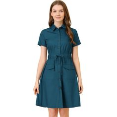 The casual, elegant look of this pretty dress will keep you looking great all the time. The short-sleeve shirt dress is cut with a relaxed silhouette and features a drawstring to cinch in the waist and plenty of practical pockets. Pair it with ankle boots or heels for a chic silhouette. Perfect for spring, summer, and autumn, and it is also suitable for any occasion. Safari Dress, Fall Sweater Dress, Chambray Shirt Dress, Button Down Shirt Dress, Short Sleeve Dress Shirt, Belted Shirt Dress, Denim Shirt Dress, Ladies Of London, Mini Shirt Dress