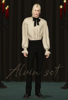 a man in a white shirt and black pants standing next to red candles with the words alien set on it