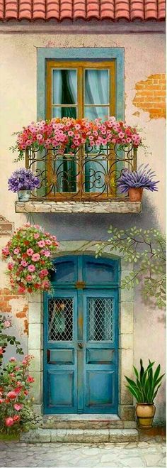 a painting of a blue door with flowers on it