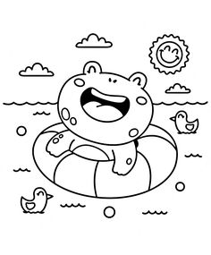 a cartoon bear floating on an inner tube in the water with ducks swimming around it