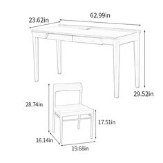 a table and chair are shown with measurements for each piece in the drawing below it