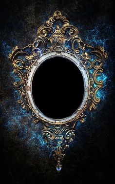 an ornate gold frame on a black background with blue and white swirls around it