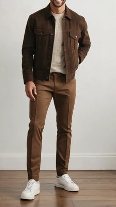 Your Autumn Toolkit: 10 Fall Outfit Ideas for Men 44 Mens Fall Outfits With Sneakers, Mens Dressy Casual Outfit Winter, Flannel Mens Outfits, Thanksgiving Mens Outfit, Cognac Pants Outfit, Holiday Outfit Men, Dressy Mens Outfits, Brown Jacket Outfit Men, Tan Shirt Outfit