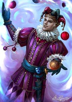 a painting of a man dressed as a clown holding an apple in his right hand