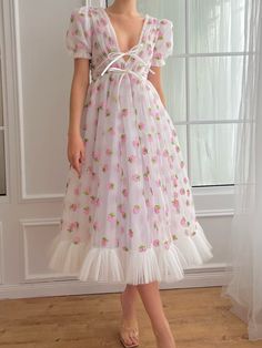 Strawberry Midi Dress White Whimsical Dress Midi, Tea Party Ideas For Adults Outfit, Strawberry Fancy Dress, Fancy Birthday Outfits, Strawberry Dress Aesthetic, Strawberry Outfit Aesthetic, Lirika Matoshi Dress, Lirika Matoshi Strawberry Dress, Strawberry Clothes