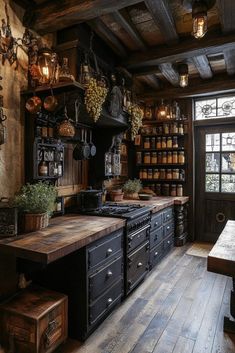 Wood Home Ideas, Gothic Country Kitchen, Antique Houses Interior, Moody Vintage Interior Design, Dark Traditional Decor, Witch's Cottage Interior, Gothic Style Houses Interior, Gothic Farmhouse Aesthetic, Gothic Apothecary Kitchen