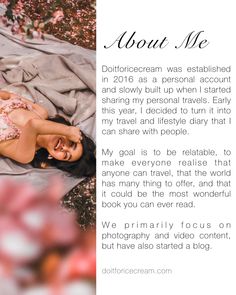 a woman laying on top of a blanket next to flowers and text that reads, about me