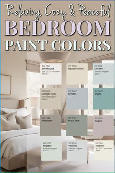 bedroom paint colors with the words relaxing cozy and peaceful bedroom paint colors on it's side