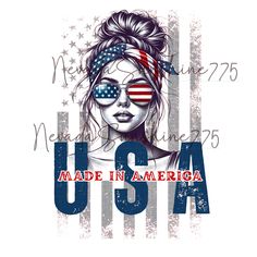 a woman with an american flag on her head and the words made in america written below