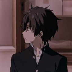 an anime character with black hair in a suit and tie looking off to the side