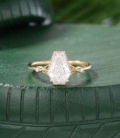 a close up of a ring on top of a green surface with leaves in the background