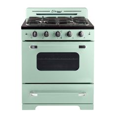 a blue stove with two burners and one oven door is on a white background