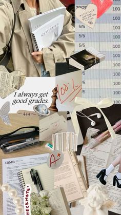 the collage shows many different types of papers and things that are scattered around it