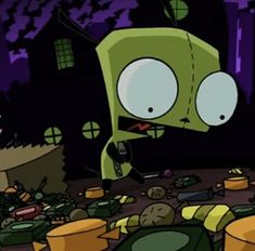 a cartoon character standing in the middle of a pile of garbage with eyes wide open