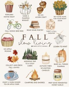 an autumn poster with the words fall and some things to do in it, including pumpkins