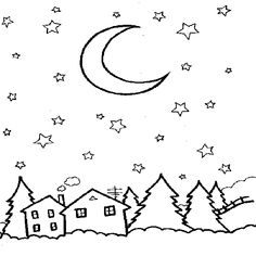 a black and white drawing of houses with stars in the sky