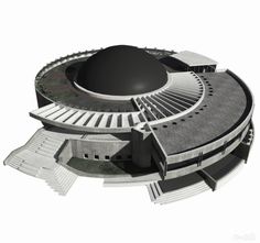 an architectural model of a circular building with stairs leading up to the roof and top