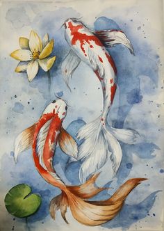 watercolor painting of two koi fish and a yellow flower with lily pad in the foreground