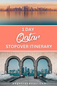 the words i day qatar, stopover itinerary and an image of a city skyline