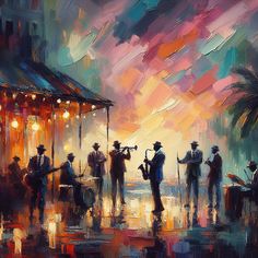 an oil painting of people playing music on the beach at sunset with palm trees in the background