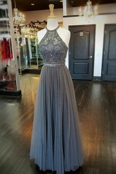 Gray Evening Dress, Halter Prom Dresses Long, Prom Dresses Long Modest, Prom Dress Halter, Grey Evening Dresses, Grey Prom Dress, School Dance Dresses, Halter Prom Dresses, Prom Dresses 2019