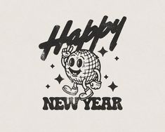 a happy new year card with an image of a cartoon character in black and white