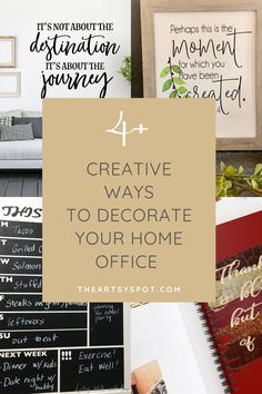 the words creative ways to decorate your home office are shown in this collage with photos and