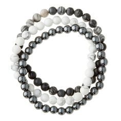 "Purchase the Signature Color Shop White Howlite Bracelets By Bead Landing™ at Michaels. com. Give your wrist a pretty makeover with these bracelets by Bead Landing. Give your wrist a makeover with these bracelets by Bead Landing. You can flaunt these bracelets as is, or clip on some metal and enamel charms for a personalized style. Details: Black and white 7\" 3 bracelets White howlite, hematite and network stone Semi-precious stone and natural shell | Signature Color Shop White Howlite Bracele Fluorite Bracelet, Bead Landing, Chainmail Bracelet, Lovers Bracelet, Howlite Bracelet, Orange Agate, Open Cuff Bracelet, Hematite Bracelet, Handcrafted Bracelets