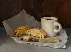 a painting of bread, butter and a cup of coffee