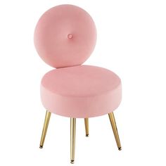 a pink chair with gold legs and a round cushion on the back, in front of a white background