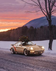 a car with a christmas tree on the roof driving down a snow covered road at sunset