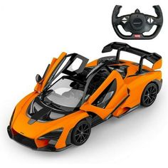 an orange and black toy car with steering wheel on a white background, 3d rendering