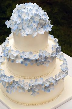 a three tiered white cake with blue flowers on it's top and bottom