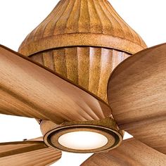 a ceiling fan with wooden blades attached to it's wood grained finish and light bulb