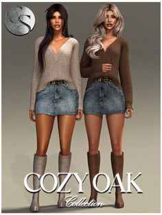 two women are standing next to each other wearing short skirts and boots with the caption cozy oak collection