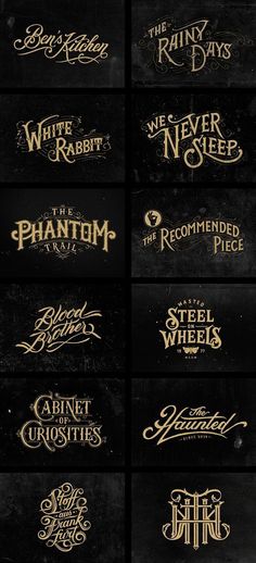 many different types of lettering are shown in gold and white on the black background,