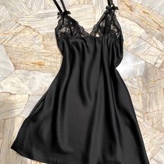 Victoria Secret Nightwear, Black Night Gown Aesthetic, Black Satin Sleepwear With Lace Trim, Black Lace Nightgown With Lace Trim, Black Satin Camisole Sleepwear, Black Satin Nightgown For Wedding Night, Black Coquette Nightgown For Sleep, Coquette Black Nightgown For Sleep, Victoria's Secret Party Sleepwear With Lace Trim