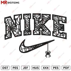 the word nike is made out of spider webs and hangs from a hook on a string