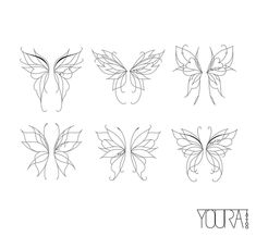 four different types of butterfly wings with the word yora written in black and white