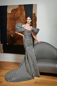 Stripe Bubble Sleeve Gown | Christian Siriano Resort 2024, Nyfw Street Style, Christian Siriano, Gowns With Sleeves, Gorgeous Gowns, White Fashion, Beautiful Gowns, Couture Fashion, Striped Dress