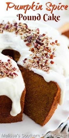 a pumpkin spice pound cake with white frosting and sprinkles on top