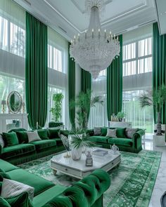 a living room with green couches and chandelier hanging from the ceiling in front of large windows