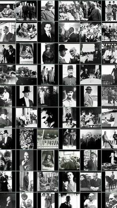 many black and white photos are arranged in squares to create a collage with people