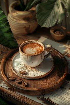 a cappuccino on a saucer with coffee beans