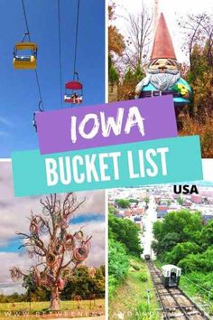 several different pictures with the words iowa bucket list in front of them and an amusement park