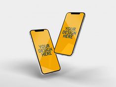 two yellow cell phones mockup on white background