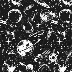 black and white space background with stars, planets, rockets and other things in the sky