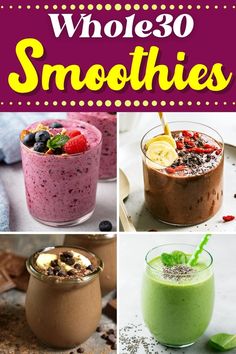 there are many different smoothies in this collage